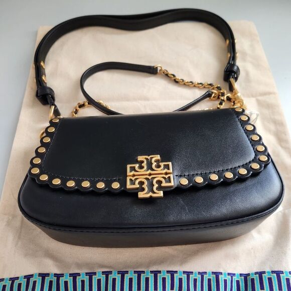New! Tory Burch Britten Black Leather Studded Convertible Shoulder Bag - Picture 2 of 10
